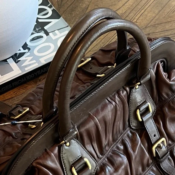 PRADA Nappa Gaufre Ruched Frame Large Bag Brown Soft Leather Tote Purse - Picture 3 of 16